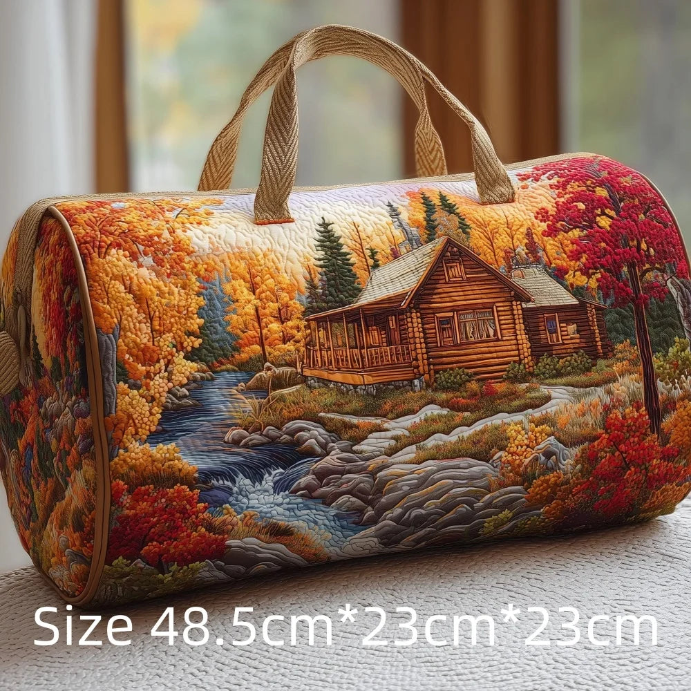 3D Print Quilted Travel Bag Autumn Mountain Forest Cabin Tote Weekender Duffle for Women Men Vintage Nature Landscape Hangbag