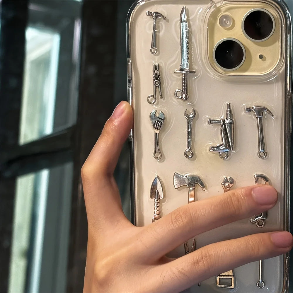 3D Tool Creative Handmade Fork Knife Clear Phone Case For iPhone 16 15 13 14 Pro Max Drip Glue Soft Silicone Back Cover