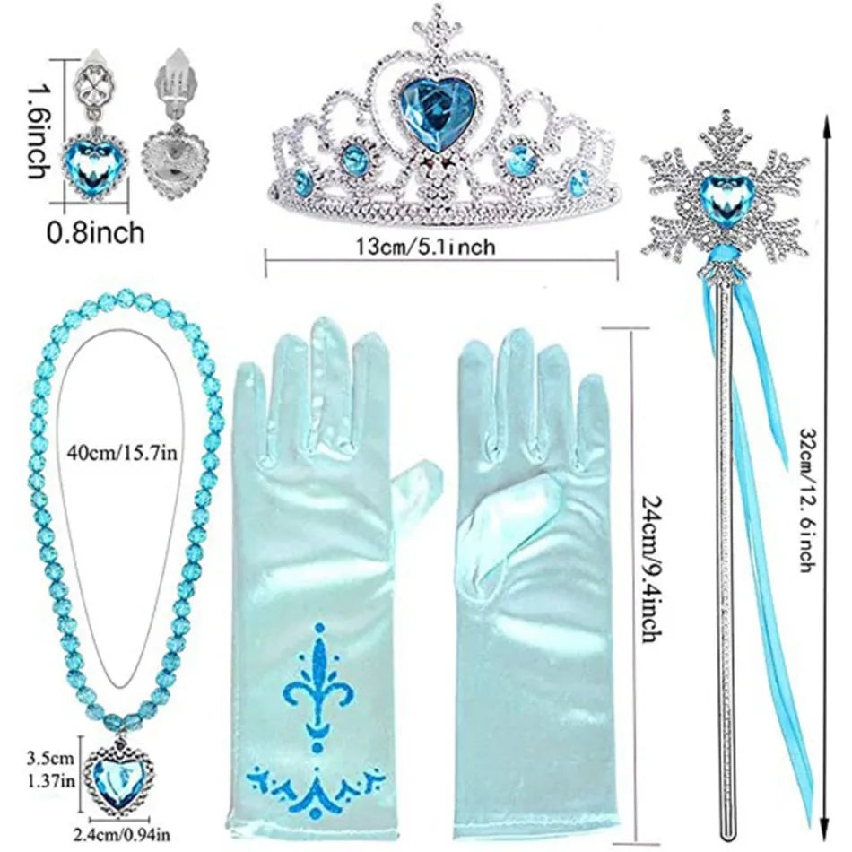 Girl Elsa Cosplay Accessories  Princess Snow Queen Dress Up Jewelry Wand Crown Necklace Earclips Photography Role Play Props