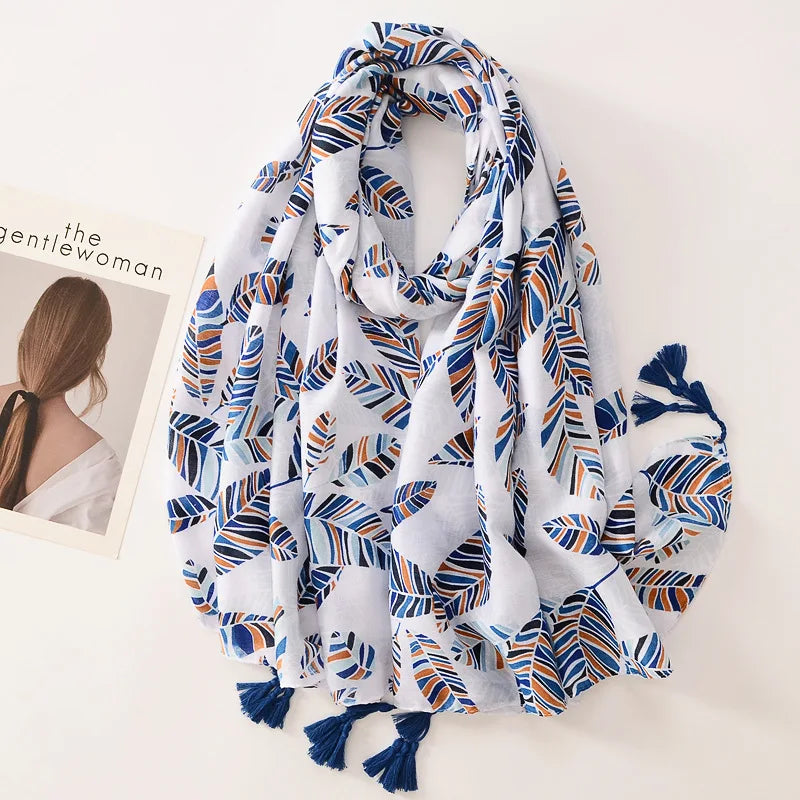 Beige Coffee Scarf Luxury Thin Women Scarves Spring Floral Hijab Veils Soft Cotton Shawl Wrap Tassel Viscose Muslim Woman Hijab