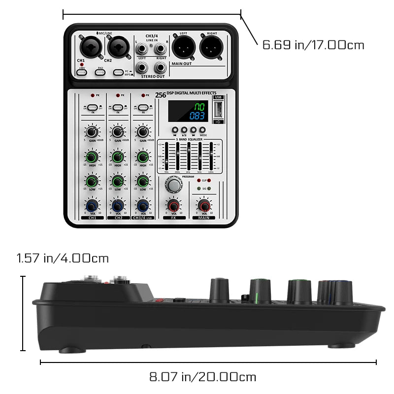 Professional 4-Channel 256DSP Audio Mixer 48V Phantom Power USB Studio Karaoke Bluetooth DJ Console Mixer