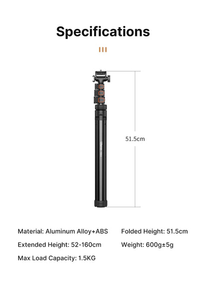 1.6m Extendable Tripod Selfstick Light Stand for Camera Smartphone Fill Light for Video Live-streaming