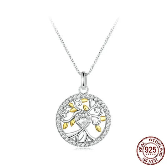 925 Sterling Silver 18K Gold Tree of Life Necklace Pendant Women Heart CZ Charming Necklaces