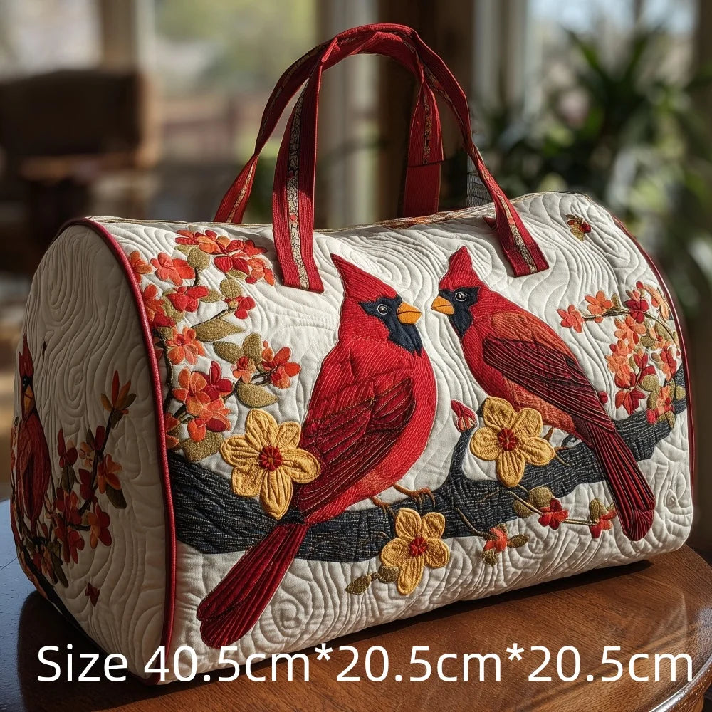 Trending Vintage 3D Quilted Travel Bag Cardinal Bird Floral Printed  Durable Weekend Gym Trip Beach Bag Carry on Tote for Women