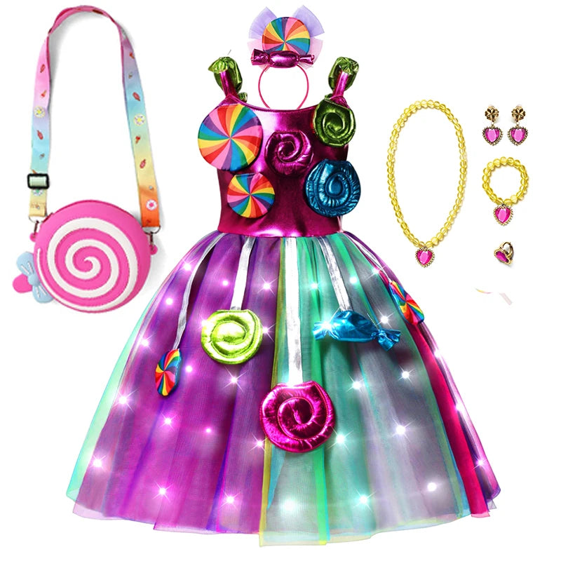 LED Light Up Princess Candy Dress For Girl Lollipop Party Clothing Kids Cosplay Costume New Years Dress 2-10Y