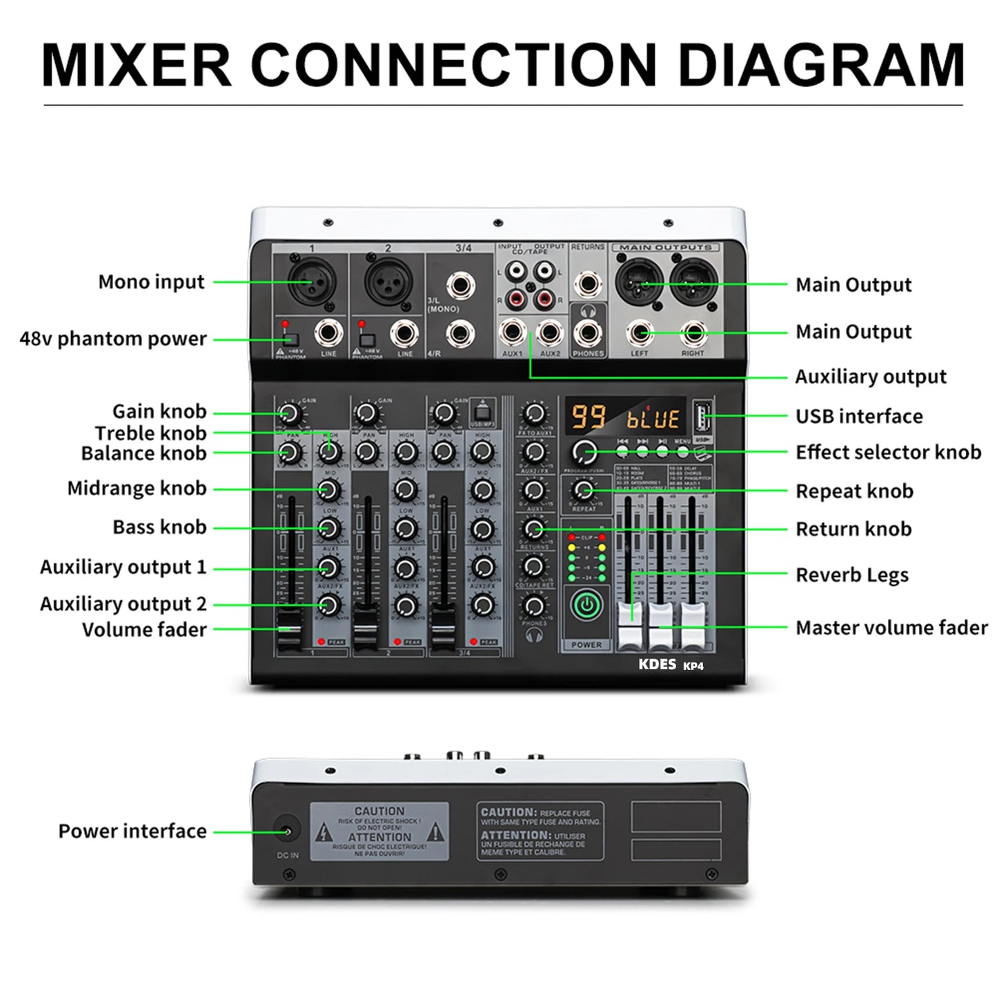 KDES KP4 Audio Mixer 4 Channel 99 DSP Effect Record PC 48V Phantom Power USB Sound Mixers Bluetooth DJ Console Mixing for Karaok