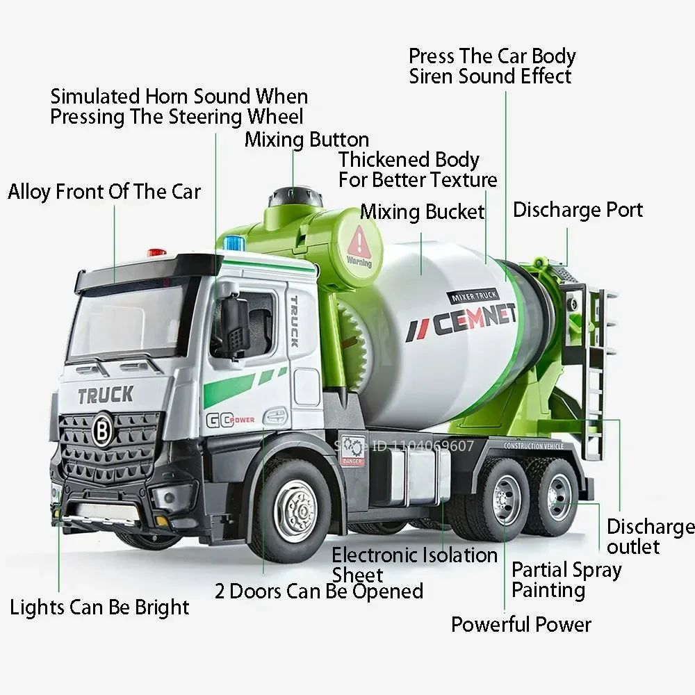 1:24 Pneumatic Garbage Car Electric Mixer Truck Toy Model Alloy Diecast Sound Light Engineering Vehicle Desktop Ornaments