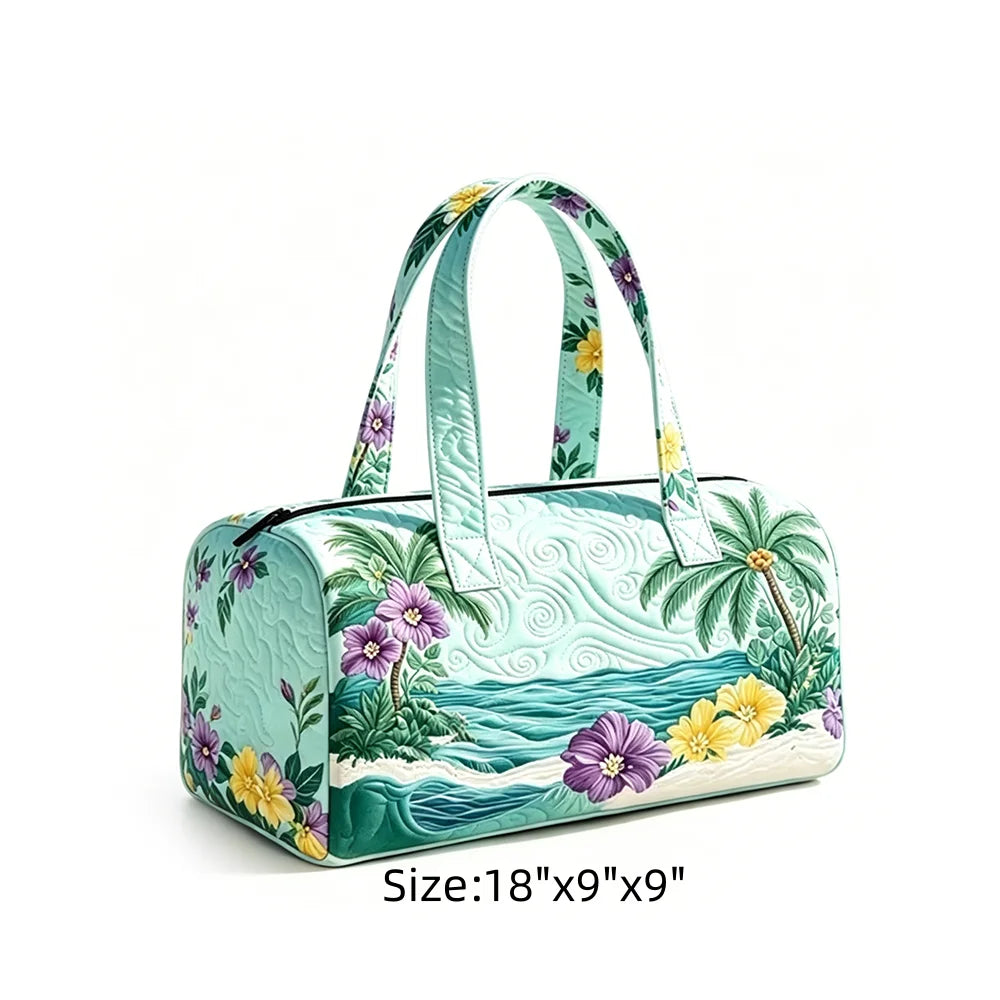 Tropical Starry Night Duffel Bag Flamingo Palm Tree Print Travel Navy Blue Quilted Overnight Bag for Women Summer Beach Vacation