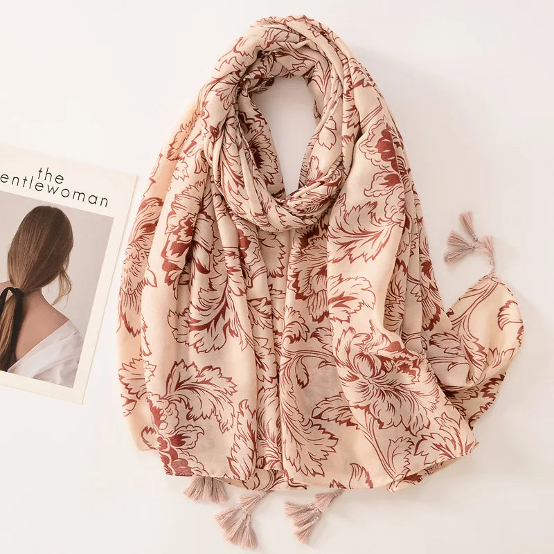 Beige Coffee Scarf Luxury Thin Women Scarves Spring Floral Hijab Veils Soft Cotton Shawl Wrap Tassel Viscose Muslim Woman Hijab