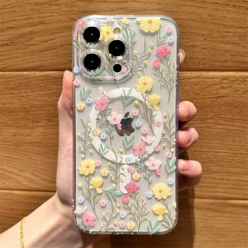Transparent Clear MagSafe  Floral Flower Case for iPhone 16 14 15 Pro Max 15 Plus – Wireless Charging Shockproof Cover