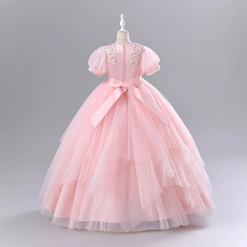 Girls Princess Ball Gown - Fluffy Tulle Party Dress for Flower Girl/Birthday/Pageant | Sparkly Puffy Sleeve Wedding Dress