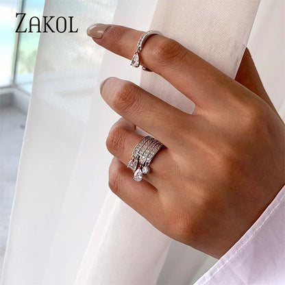 Multilayer Zircon Open Rings for Women Fashion Water Drop CZ Leaf Shape Ring