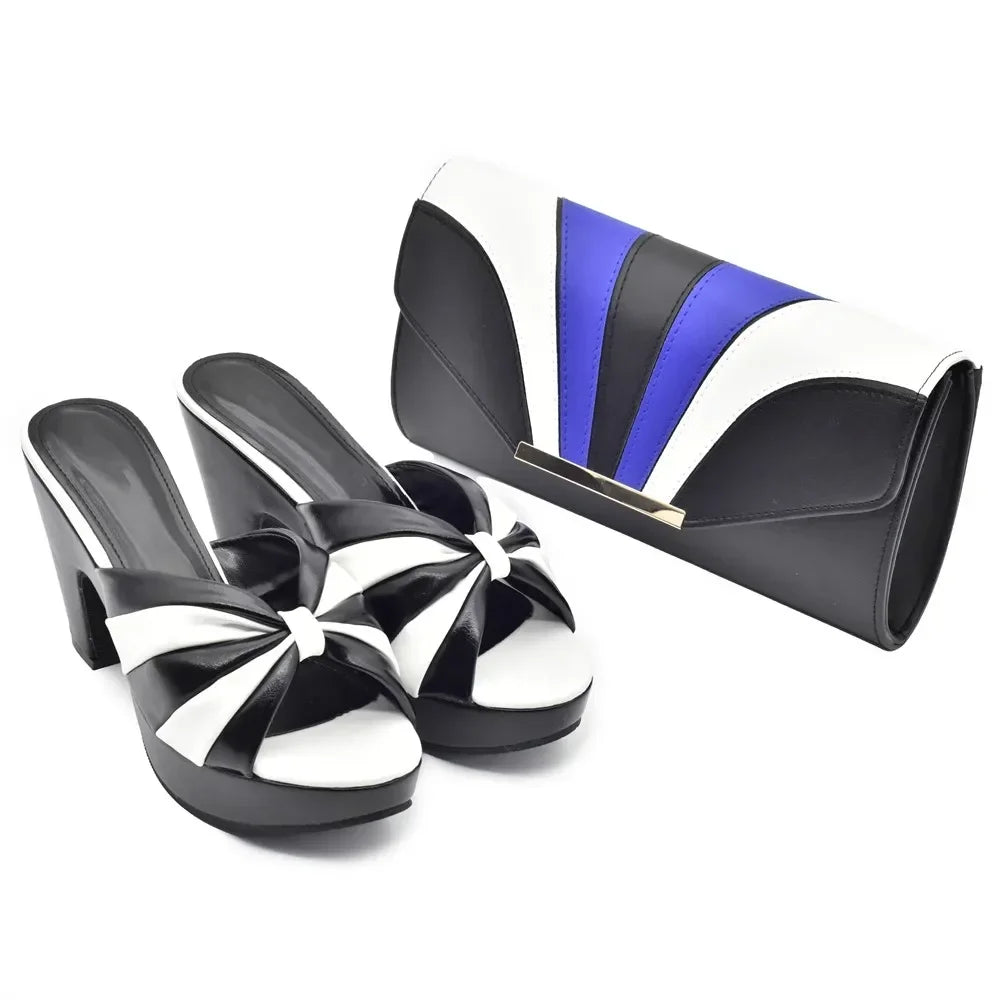 Italian Design Fashion African Women's High Heel Comfortable Shoes and Bags Set Leather Wedges Shoes for Women