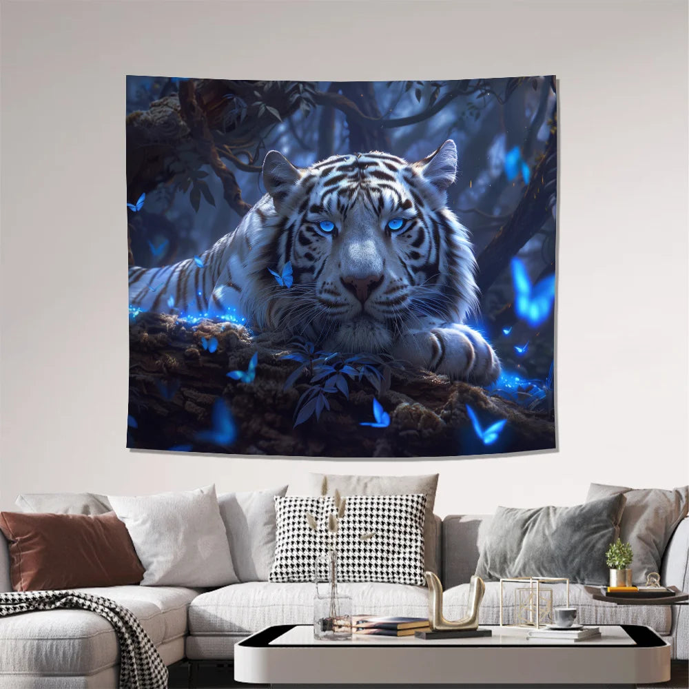 Fantasy Forest White Tiger Tapestry Butterfly Living Room Sofa Natural Style Room Story Wall