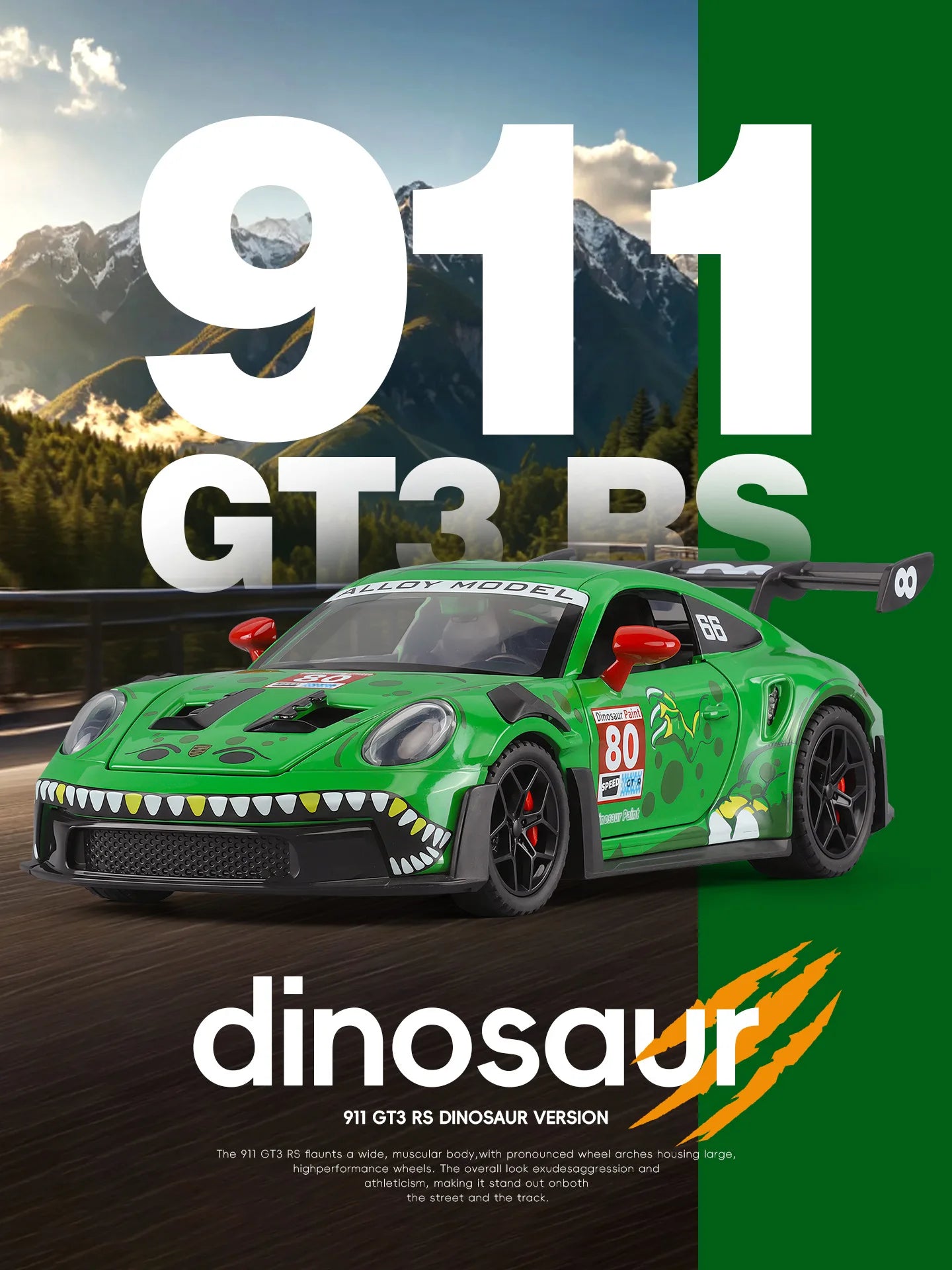 1 32 Scale 911 GT3 RS Dinosaur Modified Diecast Pull Back Model Car with Sound and Light