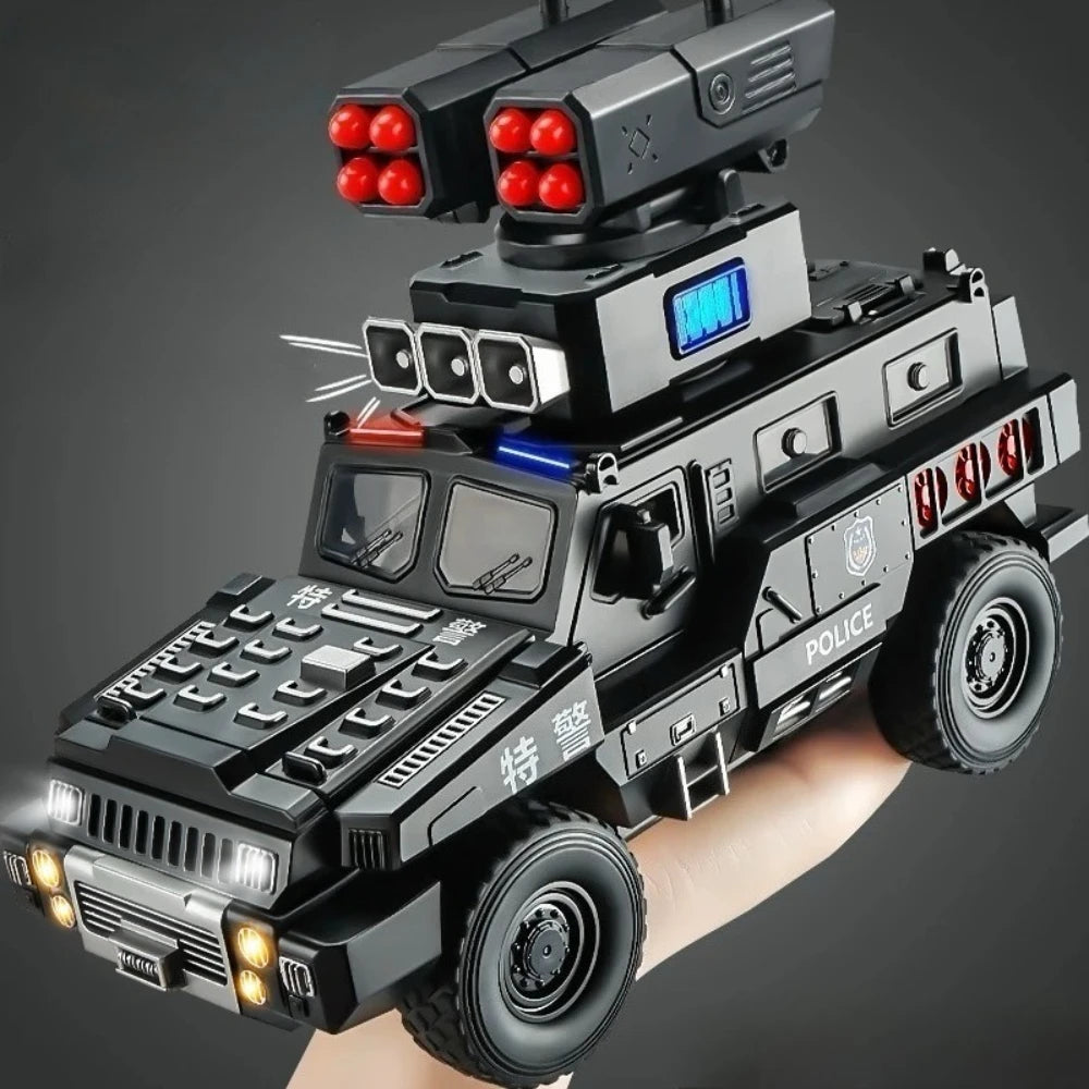 1:50 Alloy Armored Car Diecast Model Toy Sound Light Pull Back Doors Opened Miniature Missile Vehicle for  Boy Collection Fun