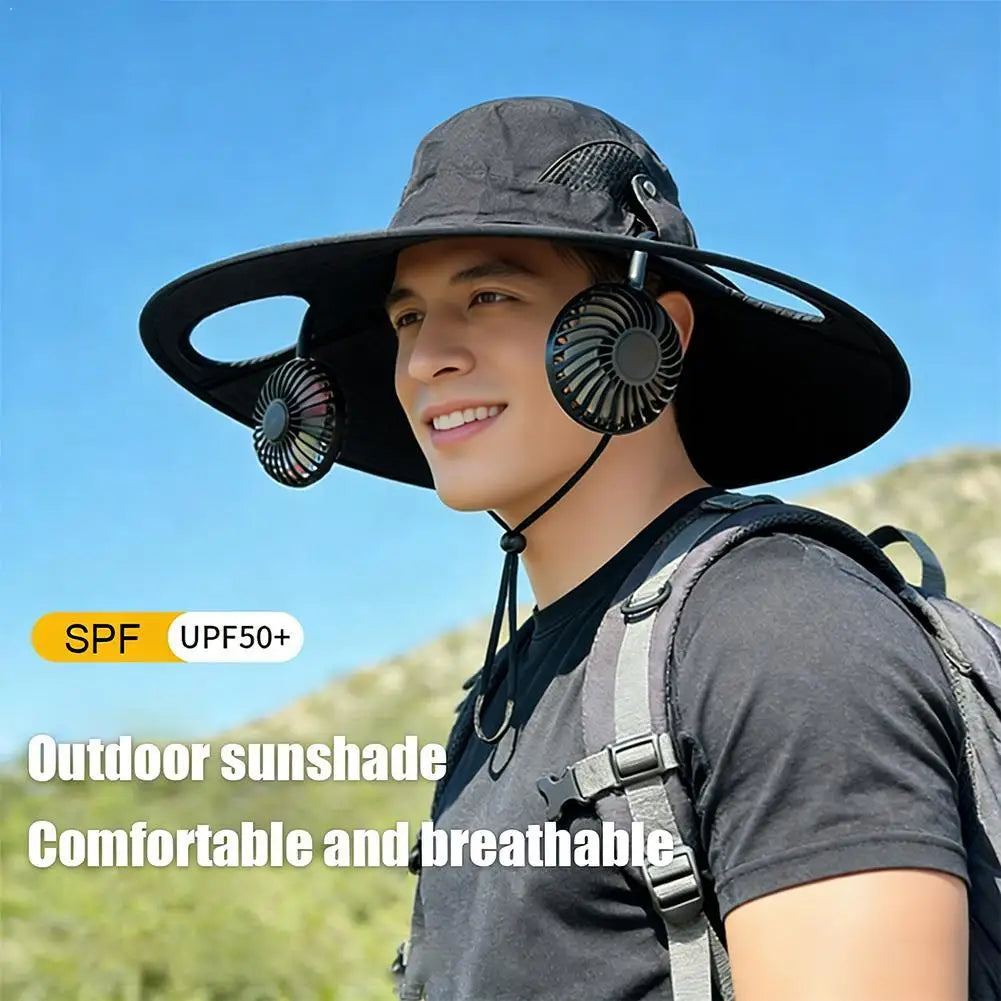 Wide Brim Solar Fan Hat With Dual Fans And USB Charging