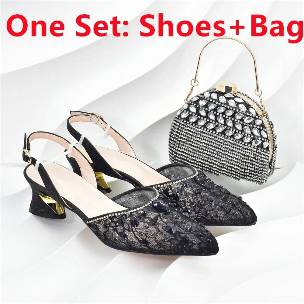 African Wedding Shoes and Bag Set with Rhinestone Italian Design Shoes with Matching Bags Nigerian Lady Party Pumps