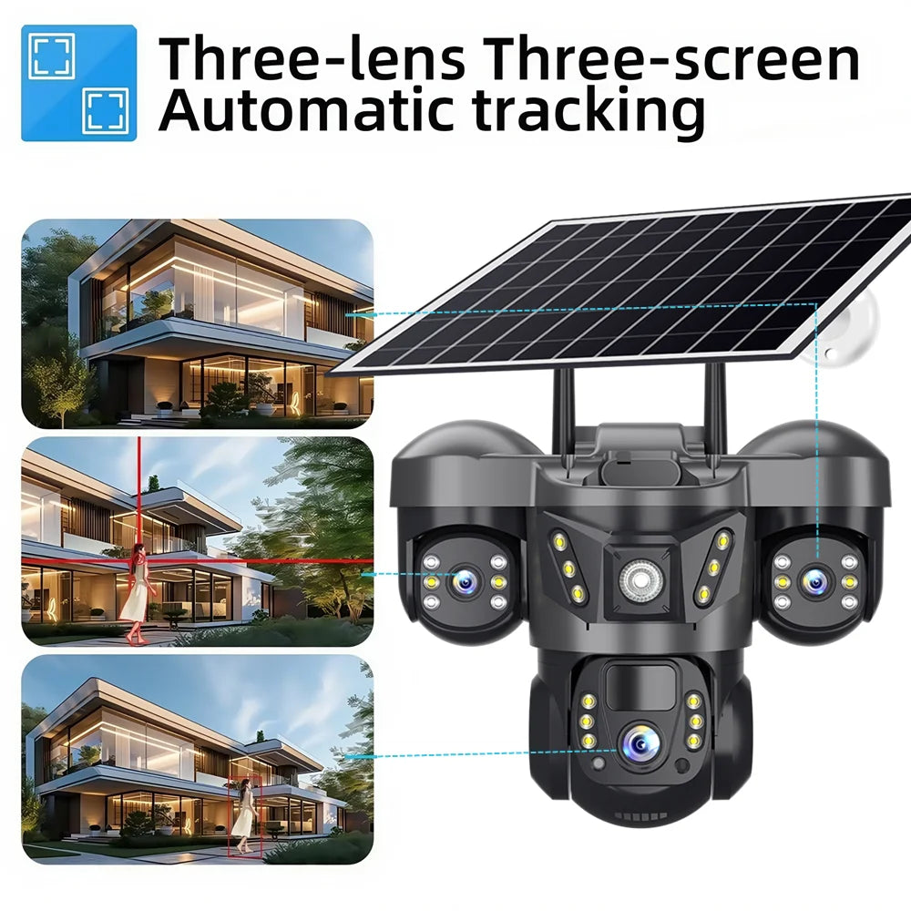 Solar Camera 4G Sim Card 15MP Outdoor 3 Lens 3 Screen PIR Human Detect Network IP Cameras Night Vision CCTV Security Protection