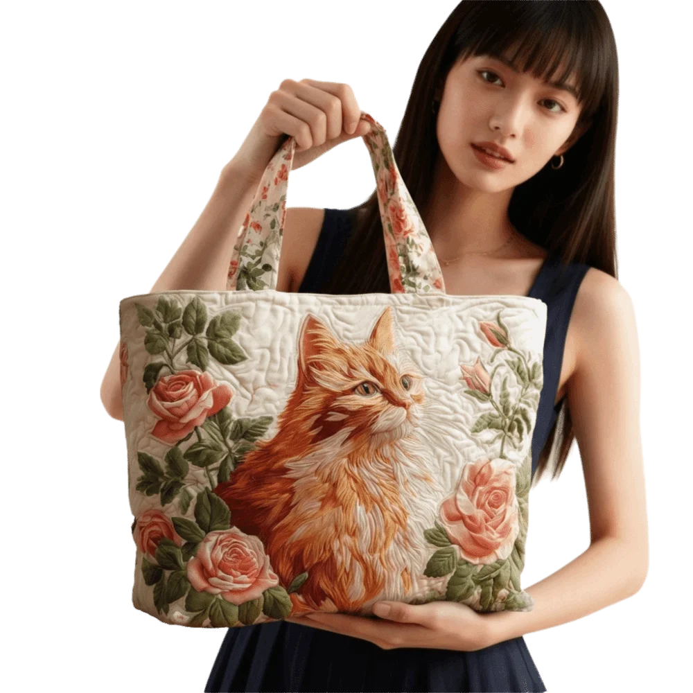 Cat Print Quilted Cotton Tote Bag Large Capacity Travel Shopping Handbag