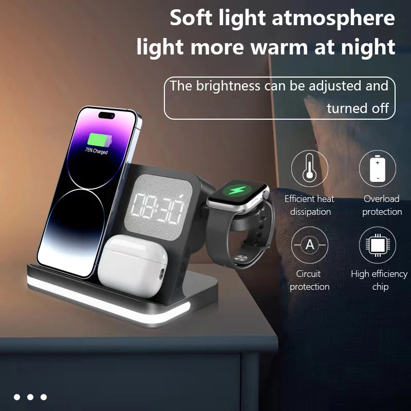 Mobile wireless charger, headphones, and watches can both be charged with clock function