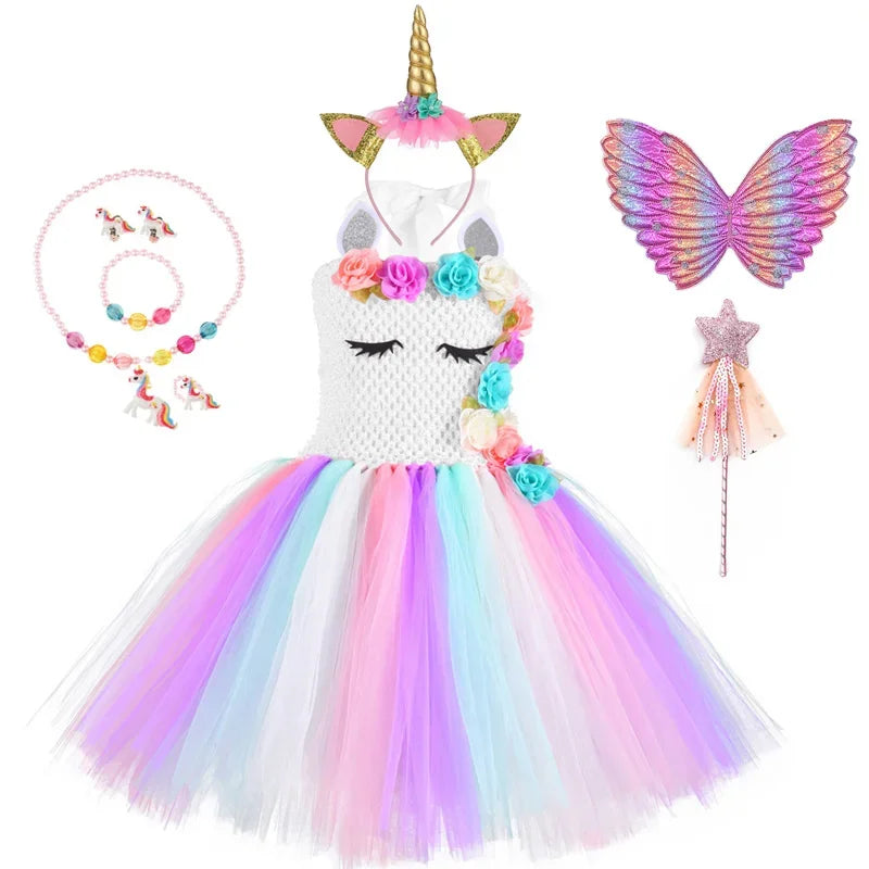 Rainbow Unicorn Princess Dress with Angel Wings Party Costume