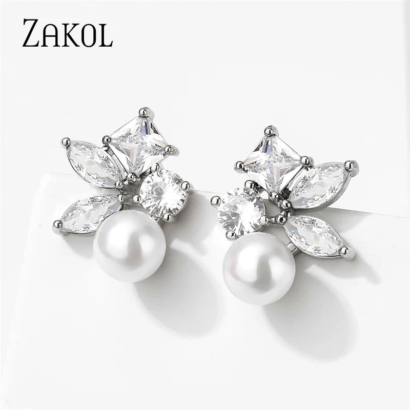 Green Leaf Shape Pearl Stud Earrings for Women Cute Round Marquise Zircon Earring