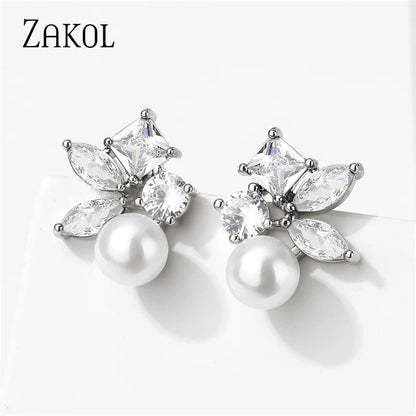 Green Leaf Shape Pearl Stud Earrings for Women Cute Round Marquise Zircon Earring