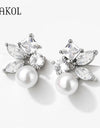 Green Leaf Shape Pearl Stud Earrings for Women Cute Round Marquise Zircon Earring