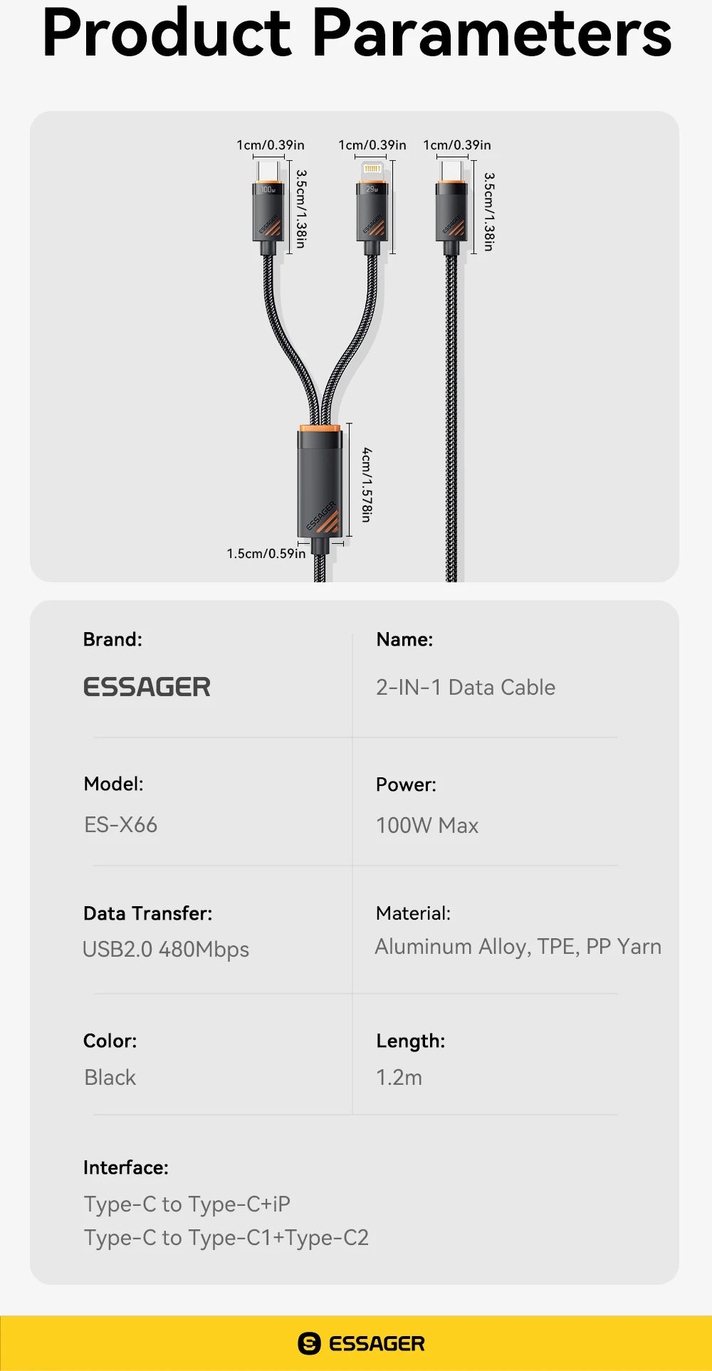 2-in-1 USB-C to USB-C + Lightning PD 100W Fast Charging Cable