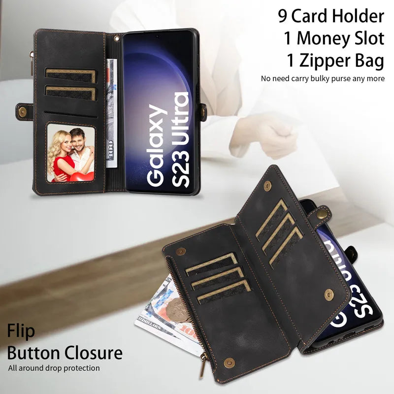Luxury Leather Flip Wallet Case with Lanyard for Samsung Galaxy S26 / S25 / S24 / S23 Ultra & Plus – Magnetic Full Coverage Phone Bag Cover