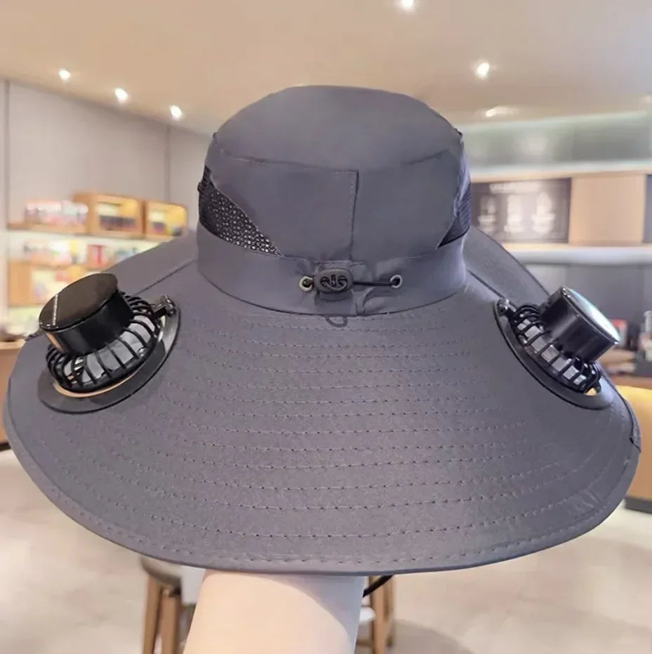 Wide Brim Solar Fan Hat With Dual Fans