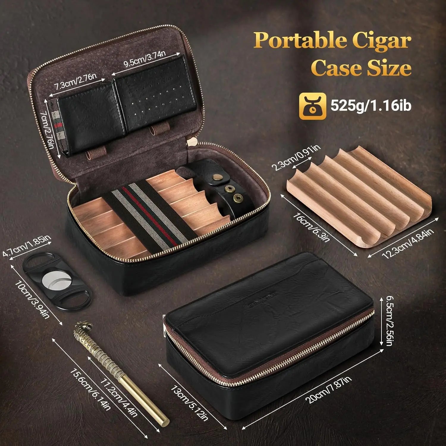 Cigar Humidor, Leather Travel Cigar Humidor, Include Cedar Wood Slot Tray, Cigar Draw Enhancer and Multifunction Cigar Cutter