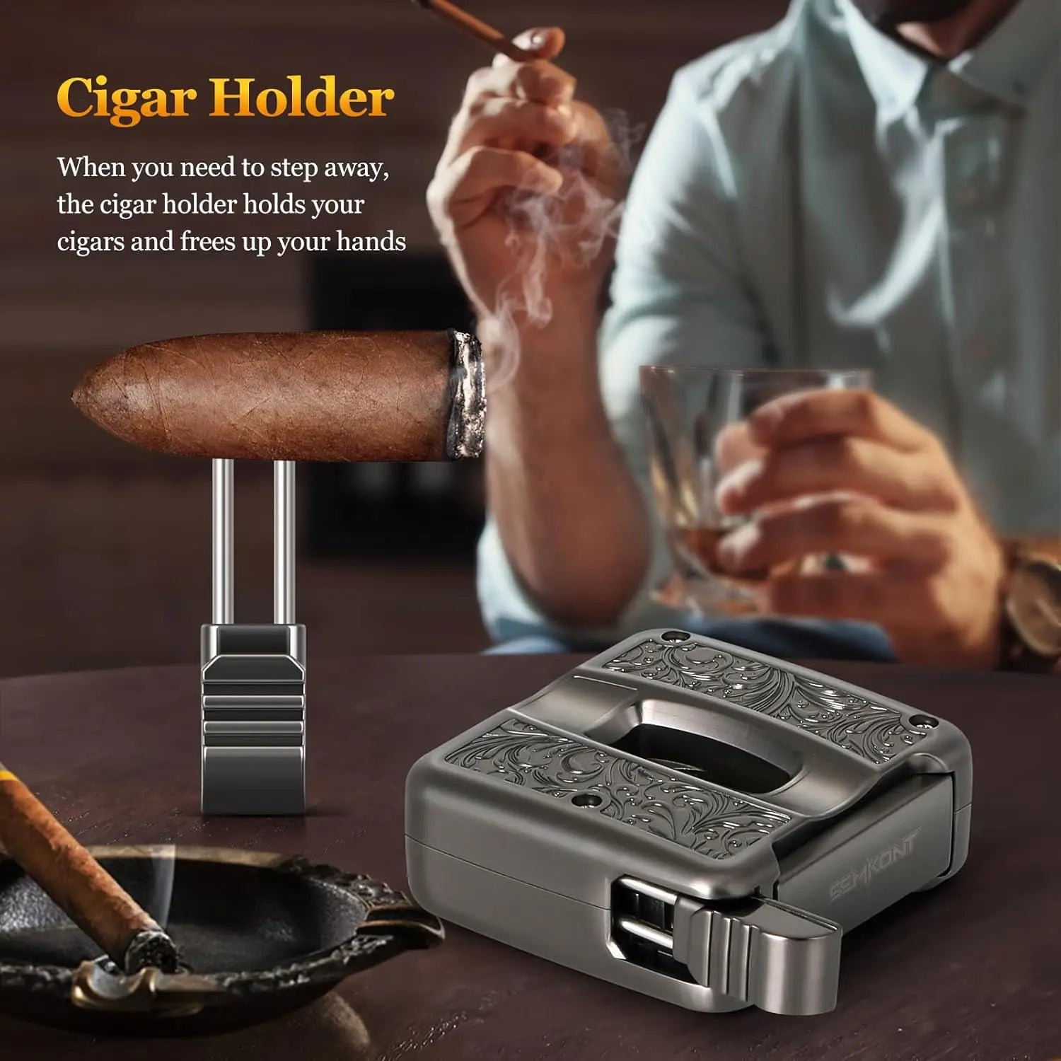 Cigar Cutter,4 in 1 Multifunction V Cut Cutter with Cigar Punch,Cigar Holder & Twin Nubber,Suitable for Max 60 Ring Gauge Cigars