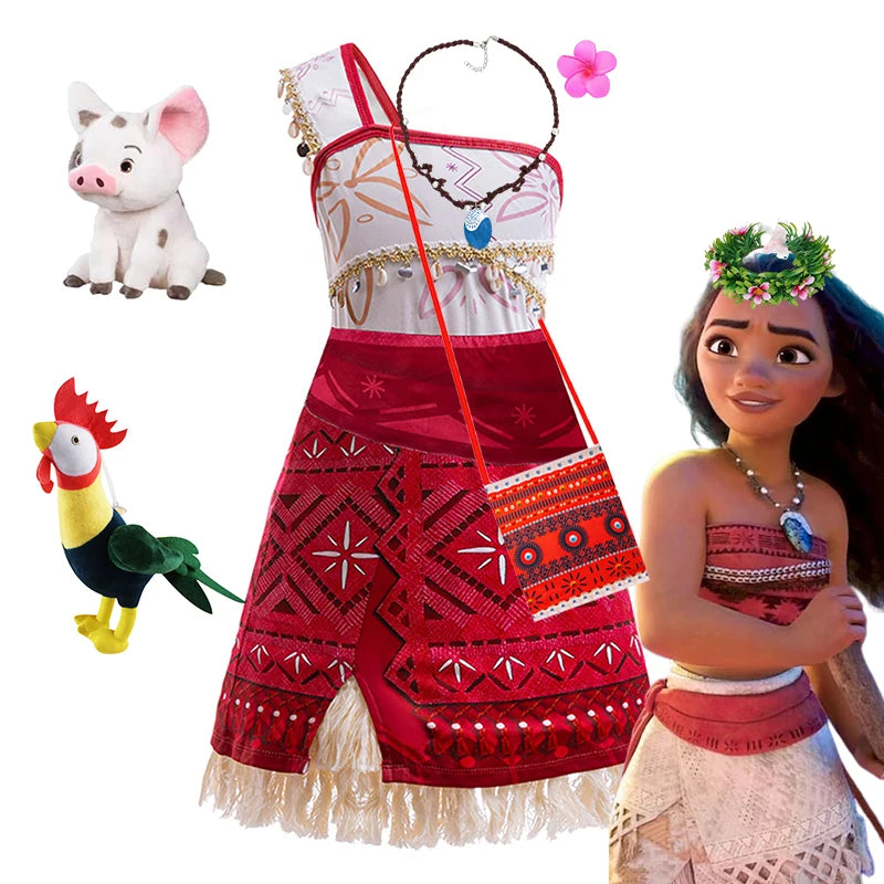 Disney Movie Moana 2 Dress Girl Vaiana Princess Cosplay Dresses Children Christmas Party Cosplay Ball Gown With Pig Chicken