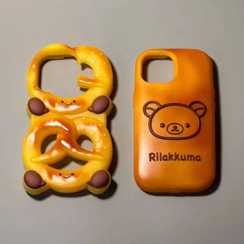 INS Cute 3D Pretzel Bread Bear Phone Case For iPhone 16 15 14 Pro Max Vivid Bakery Sweet Girl Gift Soft Silicone Back Cover