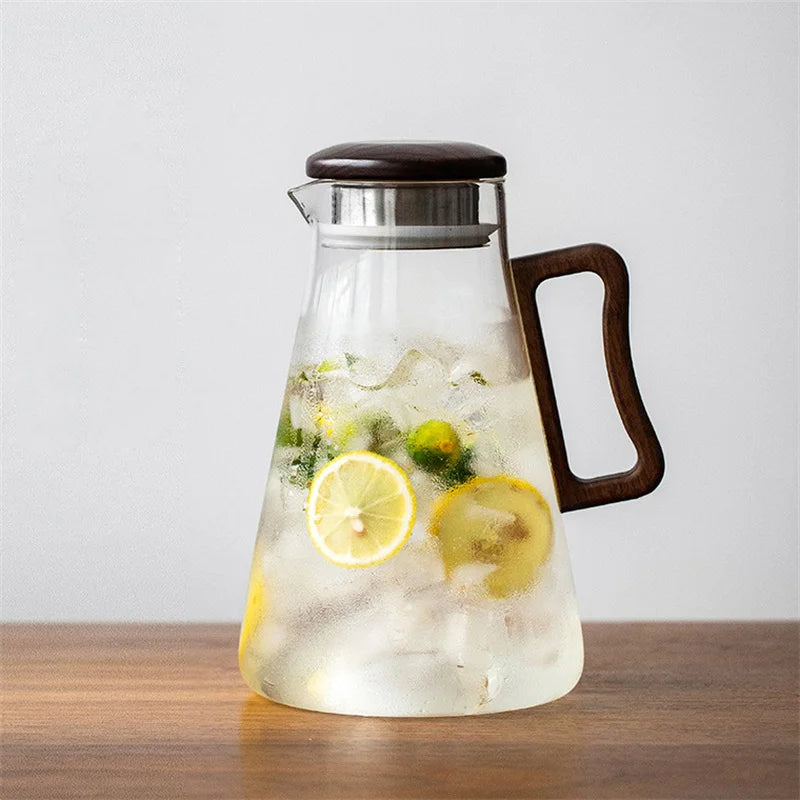 Large Capacity 2000ml Glass Water Jug with Wooden Handle and Filter Lid