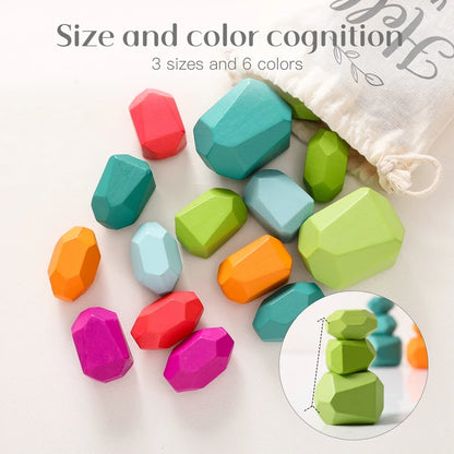 Wood Rainbow Stones Block Colorful Wooden Building Block Rainbow Stacker Balancing Stone Montessori Educational Toy Children