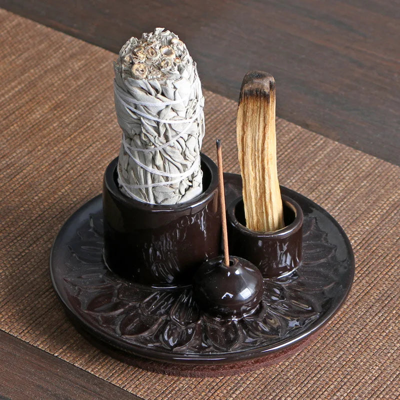 Ceramic Palo Santo Sticks Holder 4 in 1 Incense Burner Sage Holder Incense Holder Ash Catcher Tray for Meditation Yoga Room