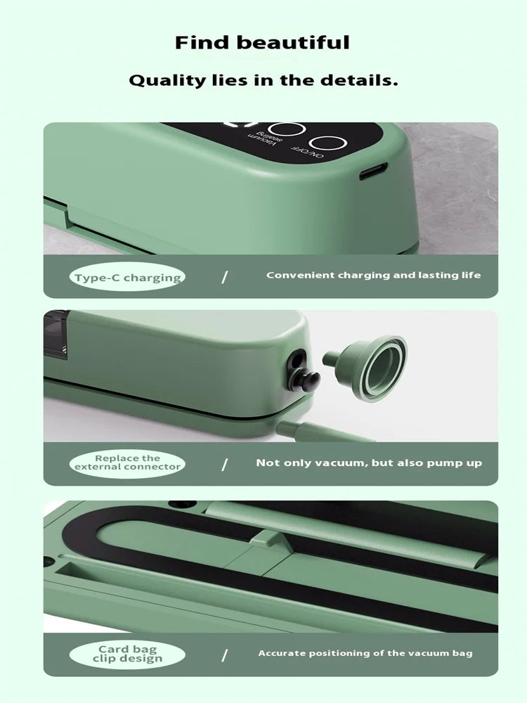 Portable USB Rechargeable Vacuum Sealer – Automatic Food & Snack Sealing Machine with 10 Vacuum Bags, 60KPa Strong Suction