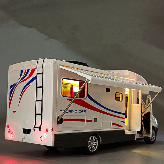 1:28 Diecast Luxury RV Recreational Vehicle Car Model Metal Camper Van Motorhome Touring Car Model Sound and Light Toy Gift