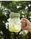 600/780ml Grass Pattern Mug With Straw And Lid Glass Tumbler With Graduated Heat Resistant Cup For Coffee Milk Drinkware