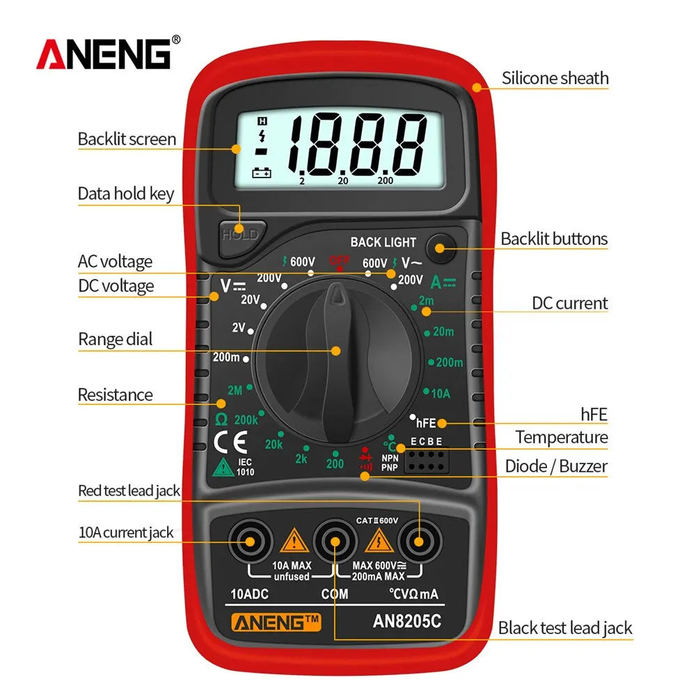 Digital Multimeter AC/DC Ammeter Volt Ohm Multimetro Tester Meter With Thermocouple LCD Backlight Portable