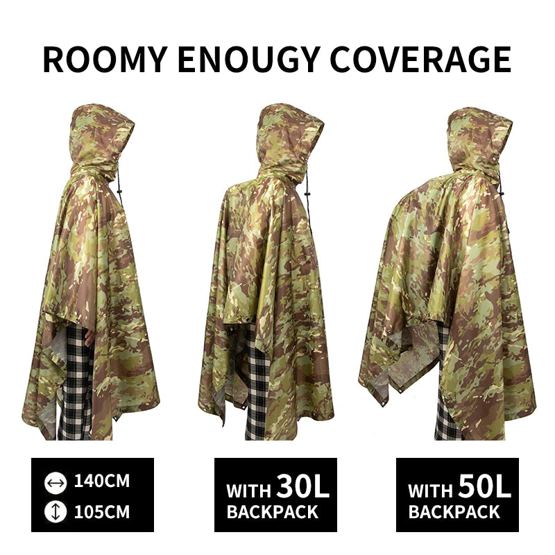 Waterproof Military Style Rain Poncho with Hood for Hiking and Camping