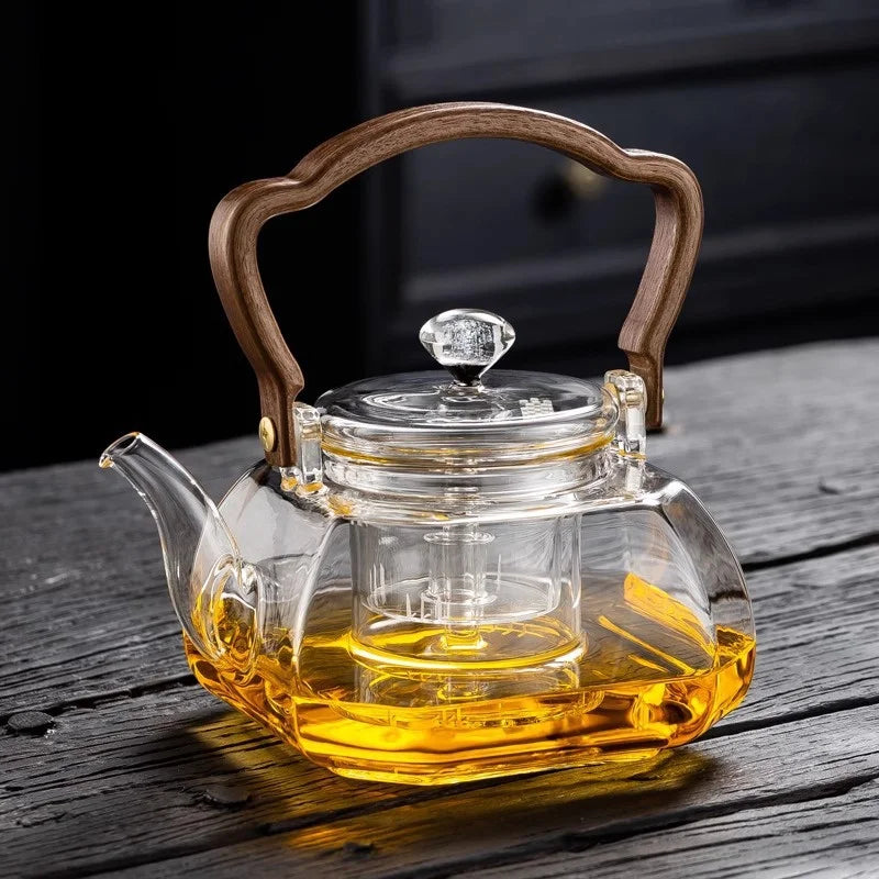 1000ML Octahedral Heat Resistant Glass Teapot Steaming and Boiling Dual-use Lifting Beam Tea Pot Glass Kettle Kung Fu Tea Set