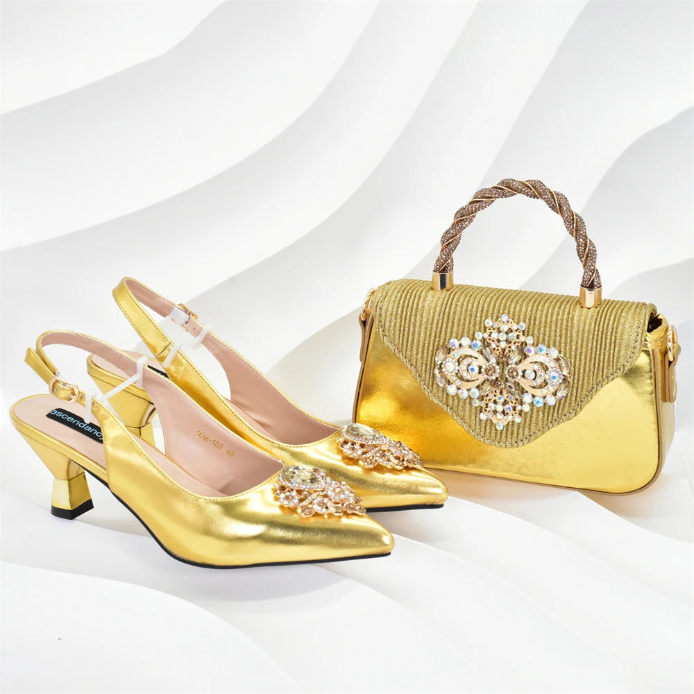Women Shoes and Bags To Match Set Nigeria Party Nigeria Italian Shoes and Matching Bags Decorated with Rhinestone