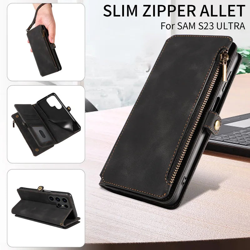 Luxury Leather Flip Wallet Case with Lanyard for Samsung Galaxy S26 / S25 / S24 / S23 Ultra & Plus – Magnetic Full Coverage Phone Bag Cover