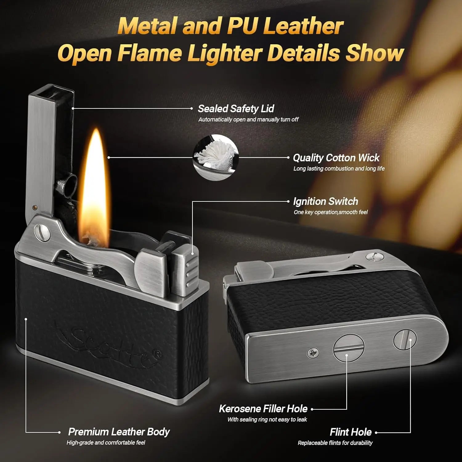 Vintage Kerosene Lighter, Windproof Soft Flame, Metal and Leather Trench Lighter, Fluid Refillable Pocket Lighters