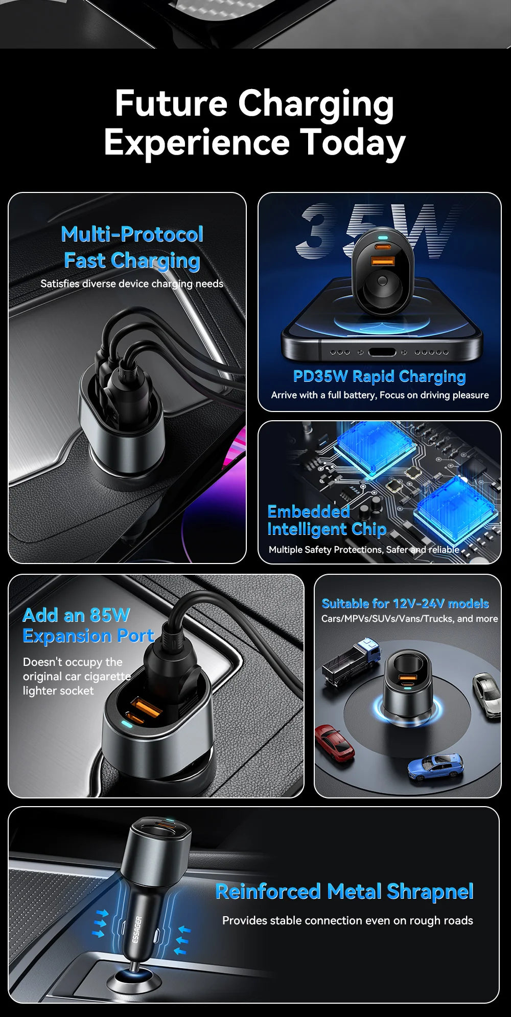120W USB C Car Charger Adapter with 85W Cigarette Lighter Socket PD Fast Charging 3 Port