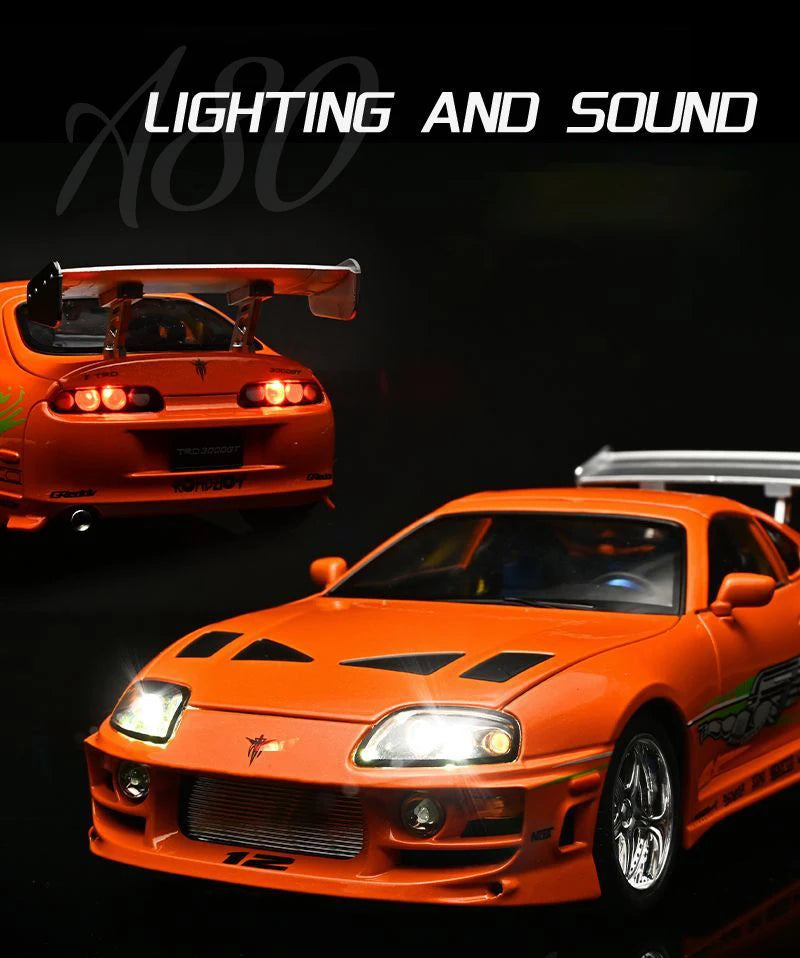 1 24 Scale Supra A80 JDM Supercar Diecast Pull Back Model Car with Sound and Light